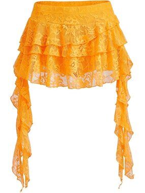 ✨Women's Yellow Y2K Ruffle Layered Lace Asymmetrical Flowy Club Party Mini Skirt